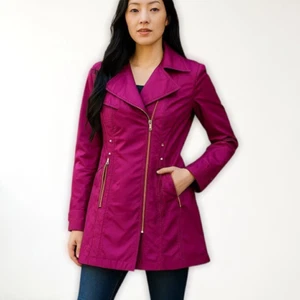 Vintage Rampage Trench Coat Pink Fuchsia Satin Size Medium Retro Steampunk Y2K - Picture 1 of 23