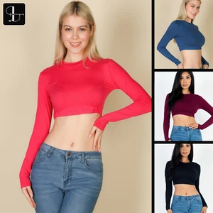 Crew Neck Long Sleeve Cropped Top - Soft Stretchy Fit, Stylish & Versatile - Picture 1 of 18