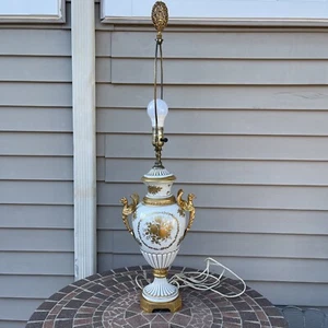 French Sèvres Style Porcelain Ormolu Table Urn Lamps W/Metal Griffins Handles - Picture 1 of 24