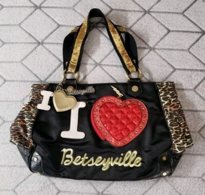 Betsey Johnson I Love Betseyville Sequins Heart Theme Leopard XLarge Tote - Rare - Image 1 of 4