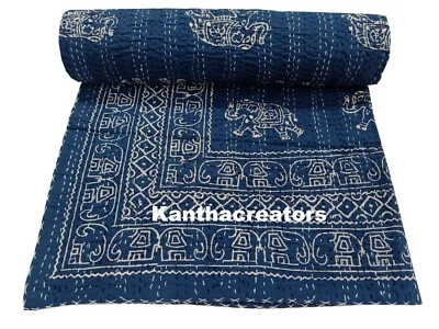 Colcha reversible de algodón tamaño king con diseño de elefante azul índigo Kantha Foto 1 de 4