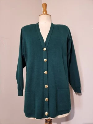 DUGER : GILET CARDIGAN VERT FONCÉ BOUTONS DORÉS VOIR DESCRIPTIF MADE IN FRANCE  - Photo 1/4