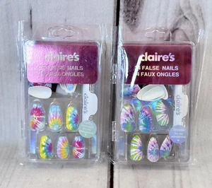 x2 NIB Claire's Faux Fake 24 Press On Nails Tie Dye Stiletto Pastel Rainbow Glue - Picture 1 of 1