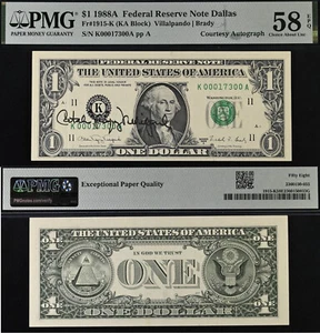 1988A $1 FRN Dallas PMG 58EPQ - Courtesy Autograph -Fancy Serial Number 00017300 - Picture 1 of 3