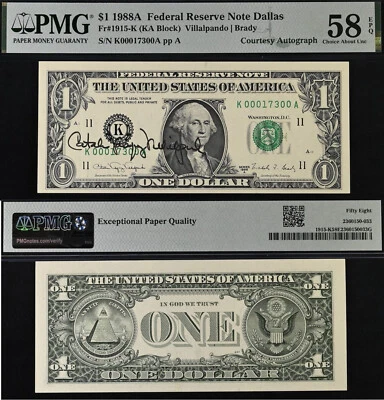 1988A $1 FRN Dallas PMG 58EPQ - Courtesy Autograph -Fancy Serial Number 00017300 - Image 1 of 3