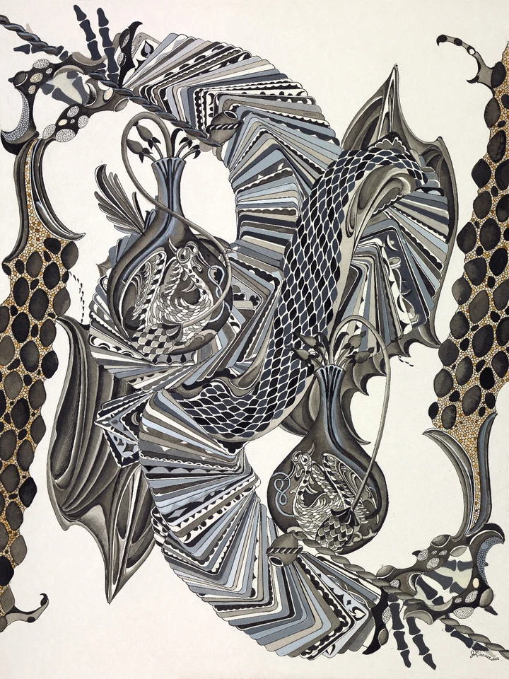 Ink Drawing Abstract Surreal Gray ALCHEMY cards serpent 16 x 20 - Image 1 of 1