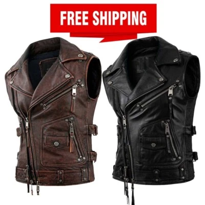 Men's Vintage Black Motorcycle Vest Men Genuine Cowhide Riding Sleeveless Jacket - Image 1 of 4