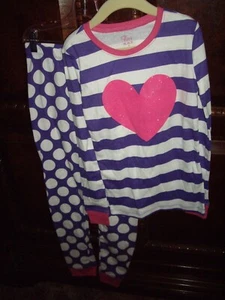Pijama T21 Niñas Talla 8 Lugar 1989 2 piezas Púrpura Blanco Rayas Lunares Rosa Corazón - Imagen 1 de 7