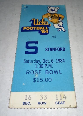 Boleto de fútbol americano universitario Stanford UCLA de la NCAA Rose Bowl Stadium 6/10/1984 Foto 1 de 2