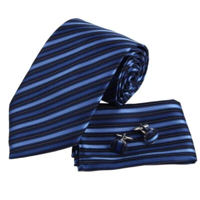 Corbata de seda tejida a rayas azules negras pañuelo para hombre corbata gemelos y pañuelos... Foto 1 de 4