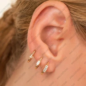 4x2mm Baguette Natural Diamond Cartilage Earrings,Tragus Hoops Earrings 14k Gold - Picture 1 of 10