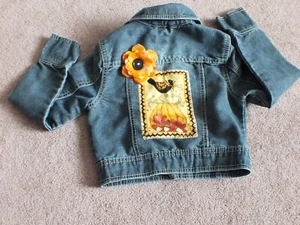 Repurposed Upcycled Kids Denim Jacket Sz XS 7 Fall Applique Handmade Flower - Picture 1 of 6