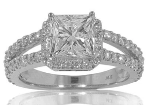 2.01 CT Princess Cut Diamond Engagement Split Shank Ring 18 kt White Gold - Picture 1 of 3