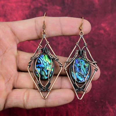 Abalone Shell Earrings Copper Jewelry Wire Wrapped Gemstone Earring Gift For Mom - Image 1 of 4