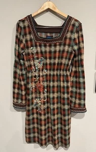 Double D Ranch Plaid Floral Embroidered Dress Size S Long Sleeve Western Boho - Picture 1 of 4