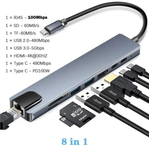 USB-C Hub 8-IN-1 Adapter 4K HDMI USB 3.0 LAN RJ45 Ethernet Micro SD Kartenleser - Bild 1 von 6