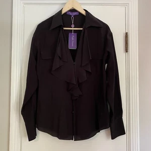 NWT Ralph Lauren Purple Label Silk Ruffle Front Long Sleeve Blouse Black Size 12 - Picture 1 of 7
