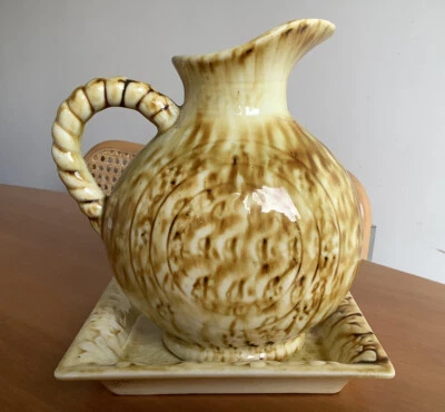 VERY RARE Vintage PORTHMADOG CYMRU WALES Yellow Brown Glazed Pottery Jug & Tray - Image 1 of 4