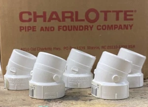 Charlotte Rohr 1-1/2 Zoll Nabe x 1-1/2 Zoll Zapfen PVC 1/16 Biegung Straße Ellbogen 5er-Pack - Bild 1 von 5