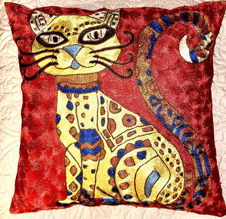 Abstract Art Cat Embroidered Throw Pillow Cover • Case Only• 18x18 Hand Made - Image 1 of 4