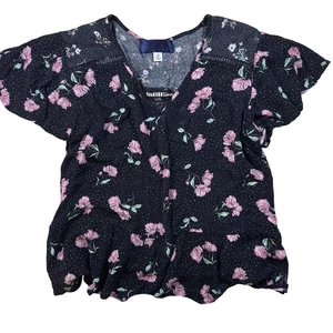 Blusa Azul Lluvia Floral Lunares Cuello en V Volantes Manga Corta Top Negro Rosa M - Imagen 1 de 6