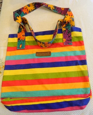 Bolso de Mano Vintage Y2K Esprit Algodón A Rayas Atrevidas Arco Iris Flower Power Retro Reutilizable Foto 1 de 4