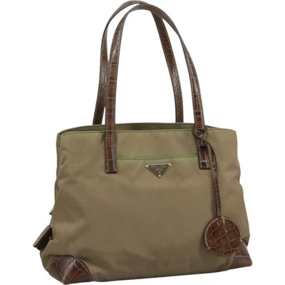 Подлинная сумка-тоут PRADA нейлон кожа хаки коричневый серебристый цвет 111593 - Изображение 1 из 4