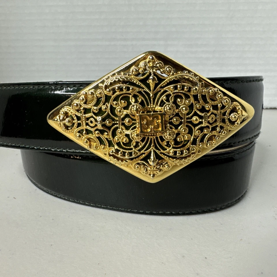 ESCADA Green Leather Belt Gold Tone Brass Italy Buckle 40 Waist/ 34 US - Image 1 of 4