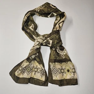 Adrienne Landau Silk Scarf 52" X 11" Olive Green And Cream - Picture 1 of 12