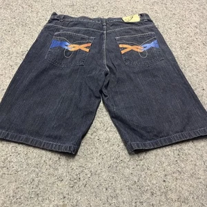 Men's INDIGO-30 Jean Shorts Size 40 Baggy Wide Leg Embroidered Dark Rinse - Picture 1 of 12