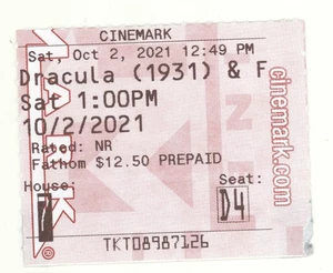 90th Anniversary of Dracula (1931) 10/2/21 Movie Rare Ticket Stub - Picture 1 of 1