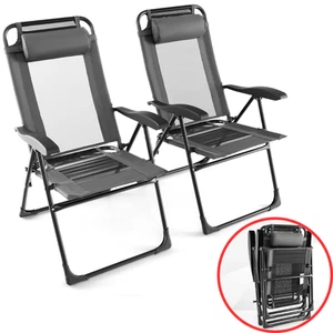 2x Outdoor Folding Chairs Reclining 7 Way Backrest Arm Head Rest Garden Seats - Picture 1 of 7