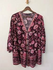 Susan Graver leichte Strickjacke fließend Blumen weinrose 3/4 Arm Boho LP - Bild 1 von 9