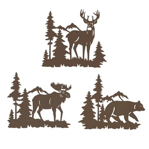 Metal wall art decor deer bear moose in the forest pine tree, 9.3inch set of ... - Picture 1 of 7