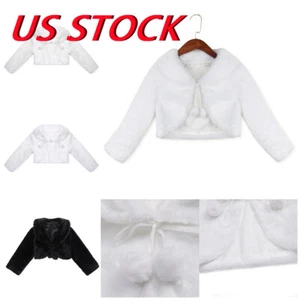 Girls Faux Fur Long Sleeve Jacket Coat Wedding Bridal Shrug Bolero Outwear - Picture 1 of 42