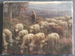 FRANZÖSISCHE SCHULE ÖLGEMÄLDE LEINWAND SCHAFE HIRTENLANDSCHAFT 19. JAHRHUNDERT - Bild 1 von 4