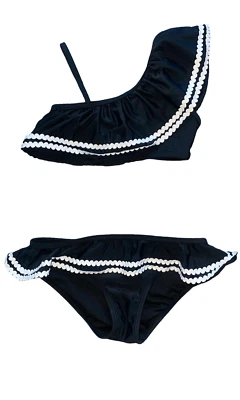Novo Fashion girls black scalloped white trim asymmetrical ruffle bikini sz 7 - Image 1 of 2