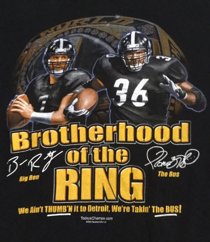 PITTSBURGH STEELERS BROTHERHOOD OF THE RING Sz Large T-SHIRT Big Ben And The Bus Cover