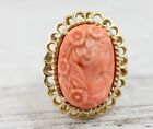 Vintage Coral Cameo 14K Yellow Gold Coral Solitaire Ring Luxury 7.75 High Relief