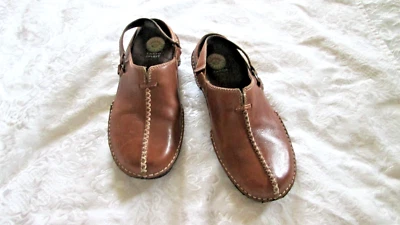 EARTH SPIRIT 棕色皮革 CREEK 吊带 7 米 SLINGBACK 舒适平底鞋 低跟 二手状况完好 — 第 1/4 张图片