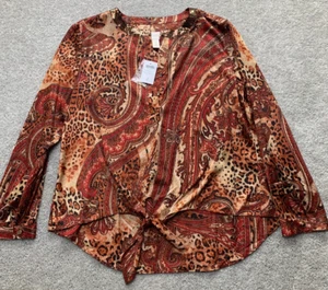 Chico's Top Womens 2 Large Multi Paisley Leopard Front Tie Shirt Long Sleeve NWT - Picture 1 of 13