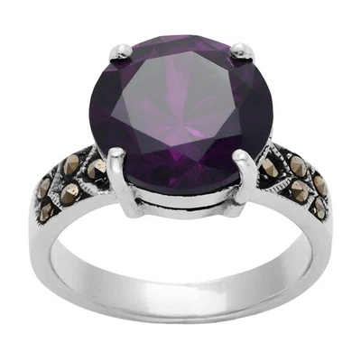 Silverly Anello Argento 925 Solitario Zircone Viola Rotondo Marcasite - Immagine 1 di 4