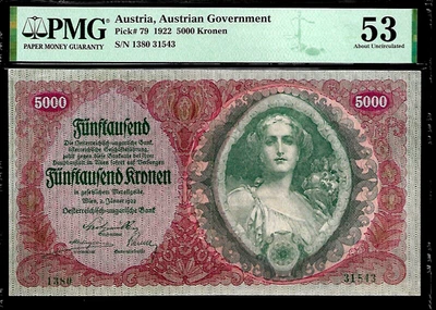 Austria 5000 Kronen 1922  PMG 53   Pick# 79 Austrian Government - Image 1 of 4