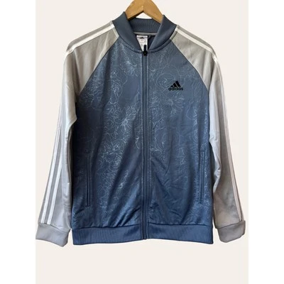 Chaqueta deportiva Adidas floral en relieve azul cremallera manga a rayas talla S Foto 1 de 4