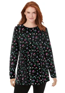 Woman Within Plus Size Perfect Printed Long-Sleeve Crewneck Tunic - Picture 1 of 31