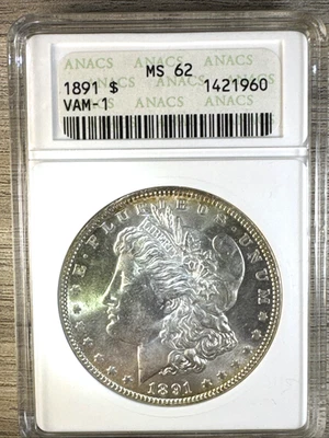 1891 P Morgan Silver Dollar US Coin ANACS MS62 VAM-1 - Image 1 of 4