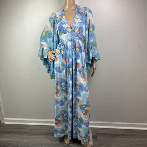 Vintage Angel Wing 1970's Blue Floral Flowy Maxi Bell Sleeve Dress Estimate Sz S - Picture 1 of 21