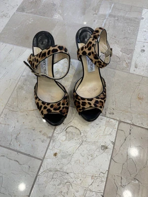 Sandalias de plataforma JIMMY CHOO 122 Linda con estampado de leopardo punta abierta zapatos de salón 37,5 120 mm Foto 1 de 4