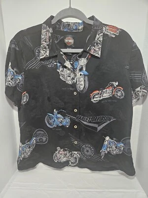 Camiseta de seda abotonada Harley Davidson Tori Richard Hawaiiin para mujer talla L Foto 1 de 4