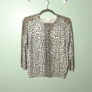 Quacker Factory Sweater Cardigan size 1X, NEW! Animal Print Sequins White Brown - Picture 1 of 10